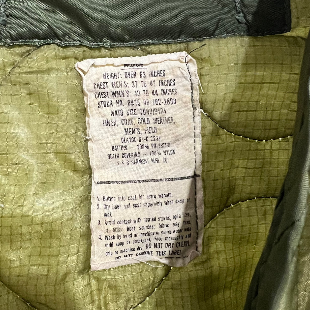 Vintage US Military M65 Field Jacket Liner - Nylon Cold Weather Insulation