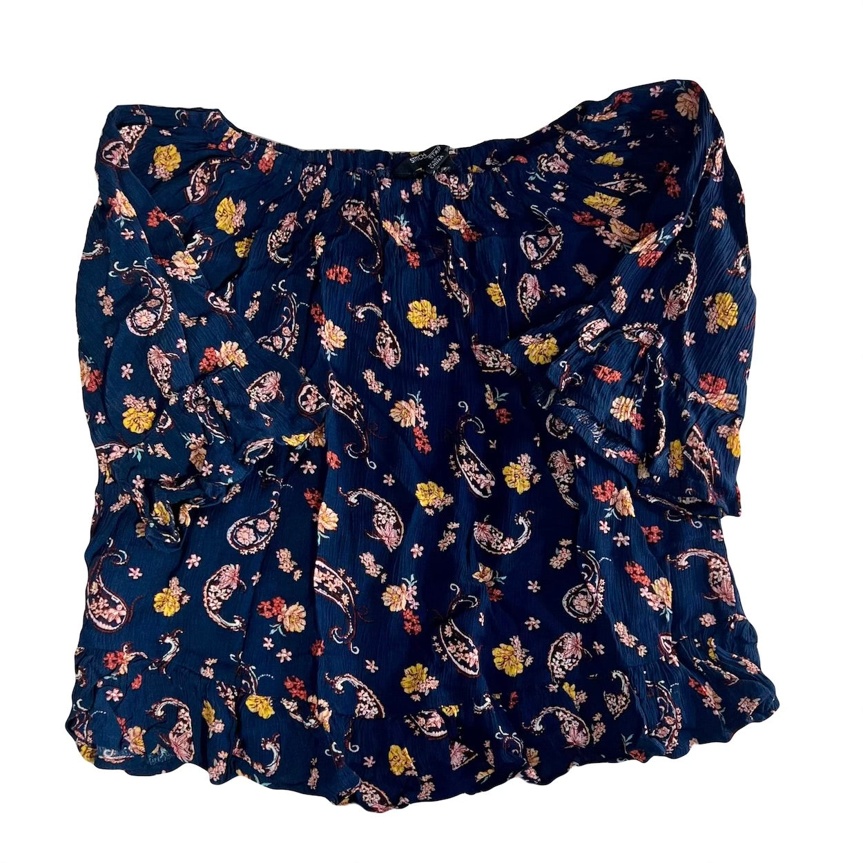 Women's Dark Blue Floral Blouse with Ruffled Hem by Stitch Star - Size Small Only