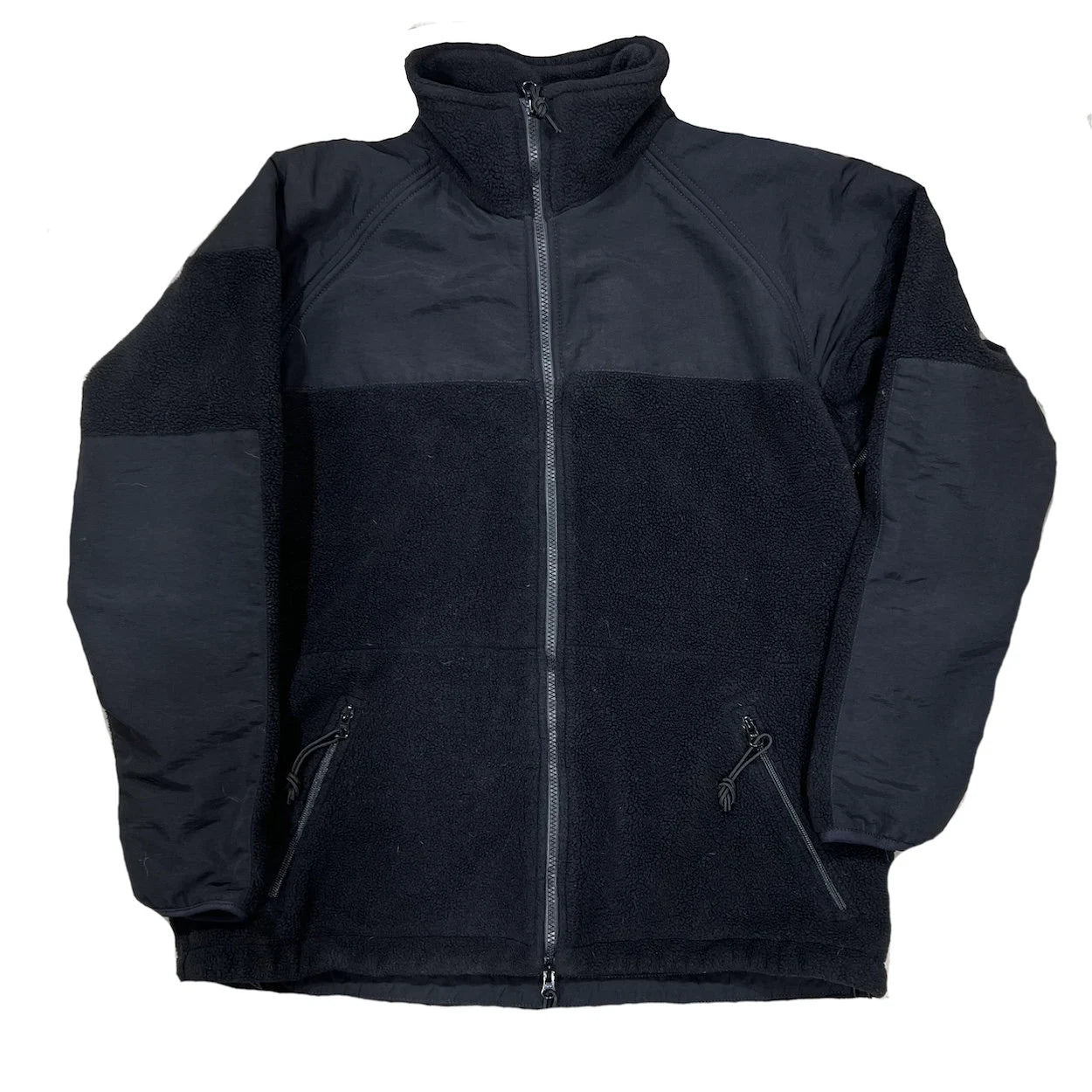 A black vintage US Army Mountain Pro fleece jacket with a standing collar, zipper front, and zippered hand warmer pockets.