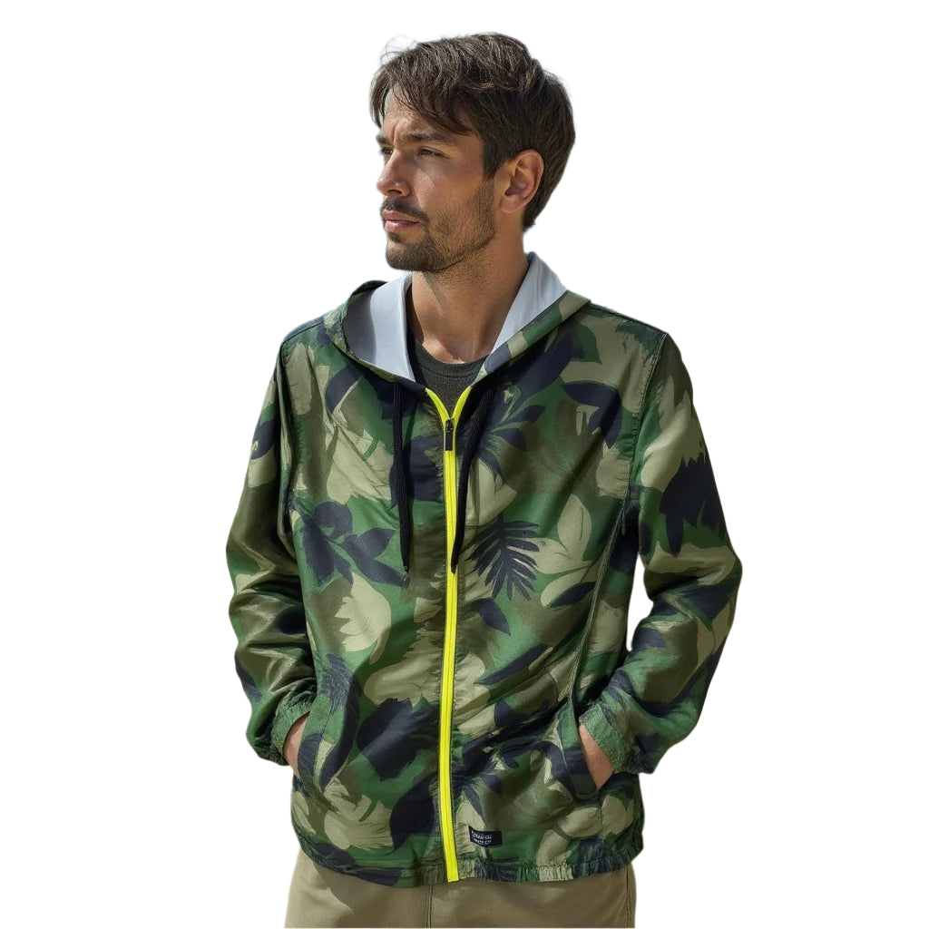 Men's Green Hawaiian Print Hooded Windbreaker Jacket with Zip Pockets by Matix