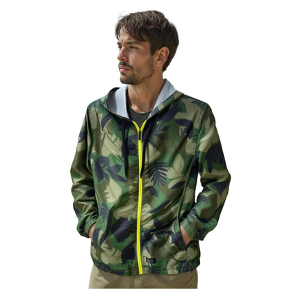 Men's Green Hawaiian Print Hooded Windbreaker Jacket with Zip Pockets by Matix