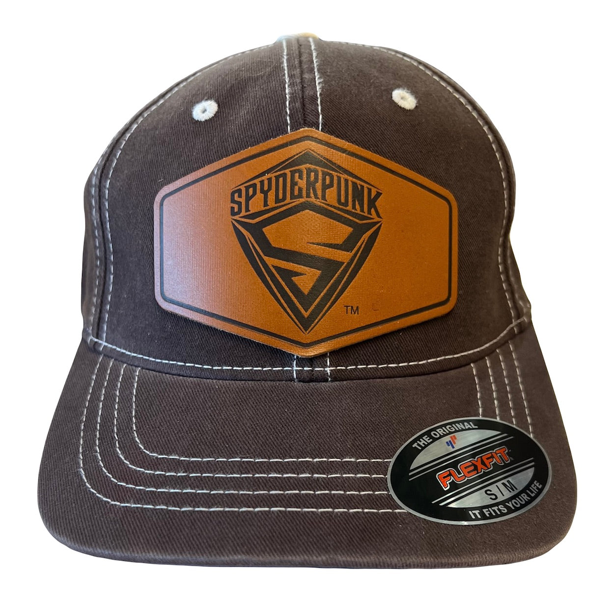 Brown Denim Baseball Cap with Leather Patch - FlexFit Spyderpunk Style