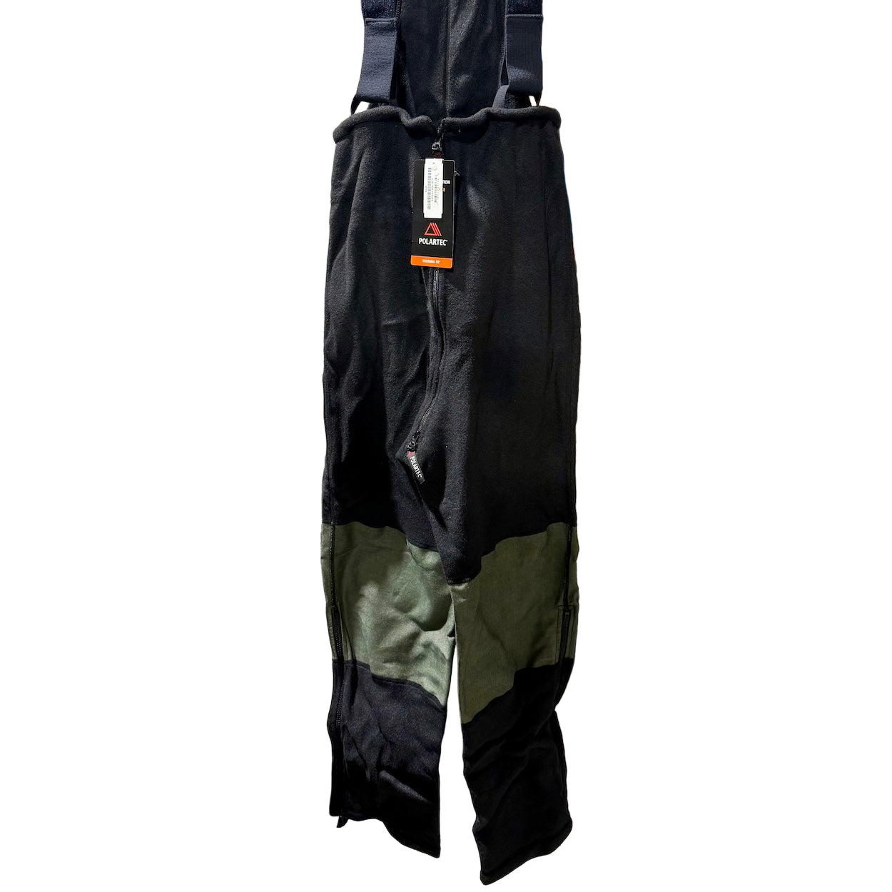Black and green bib overalls with a brand label on a white background