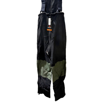 Black and green bib overalls with a brand label on a white background