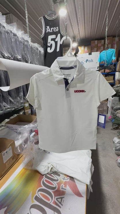UConn Huskies Youth White Embroidered Polo Shirt by Champion