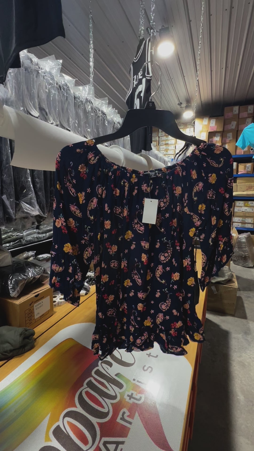 Women's Dark Blue Floral Blouse with Ruffled Hem by Stitch Star - Size Small Only