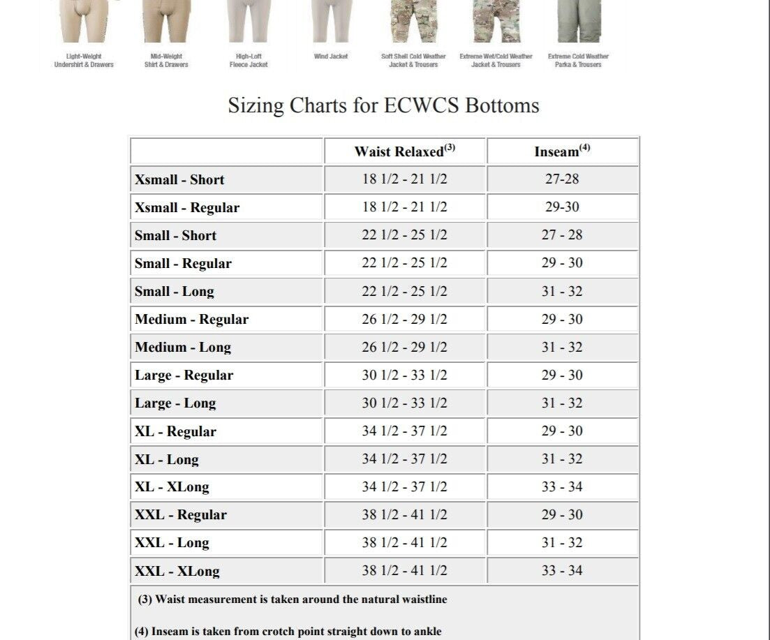 Sizing chart for ECWCS bottoms with waist and inseam measurements.