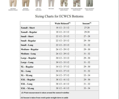 Sizing chart for ECWCS bottoms with waist and inseam measurements.
