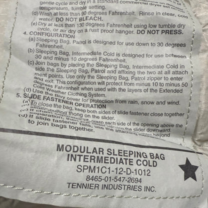 US Military Intermediate Cold Weather Sleeping Bag - Mummy Style USGI New