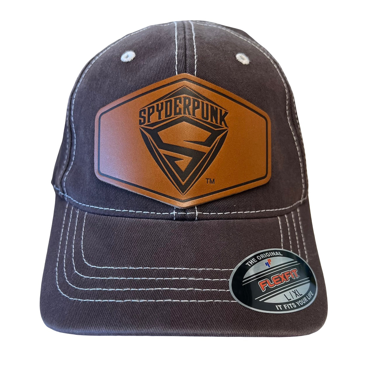Brown Denim Baseball Cap with Leather Patch - FlexFit Spyderpunk Style