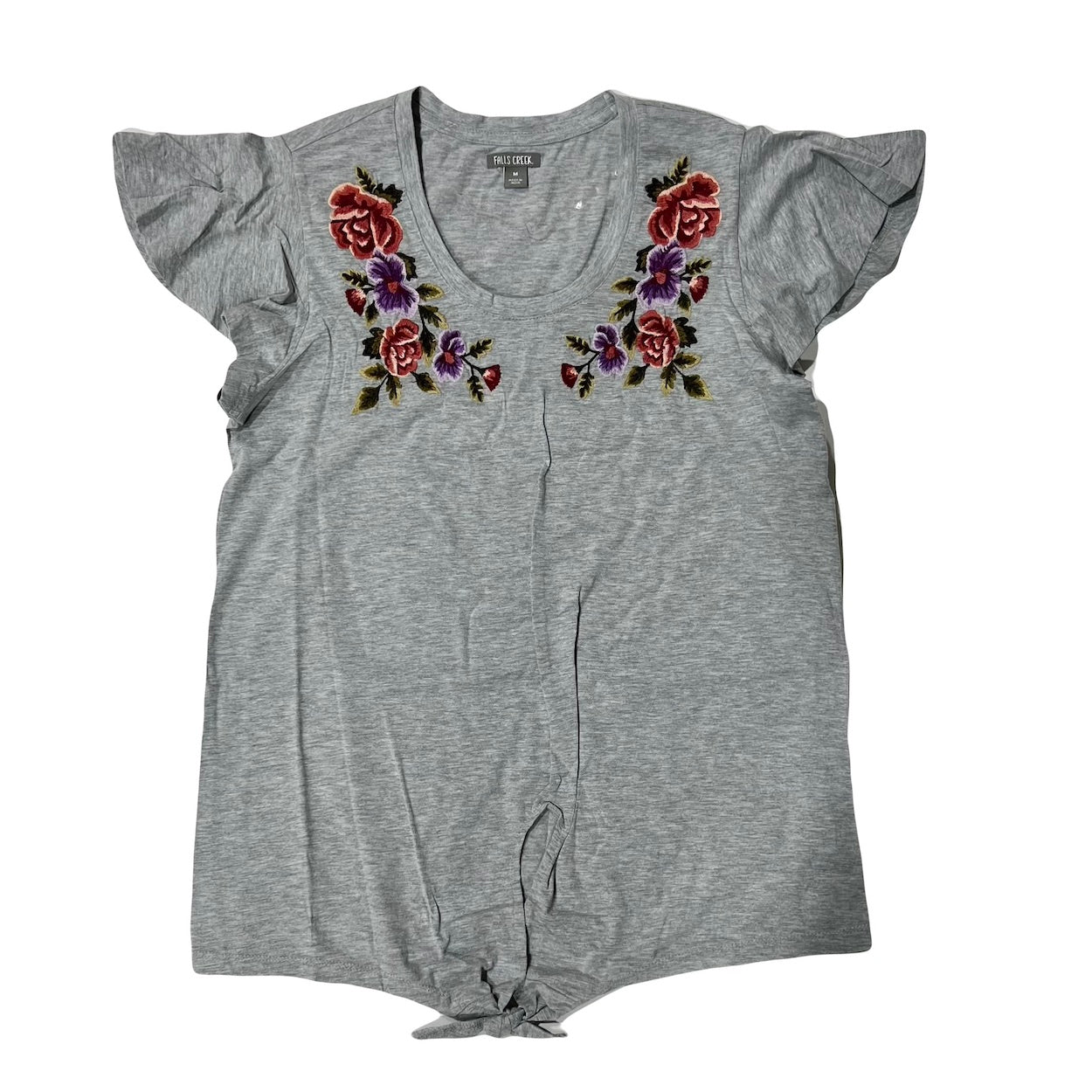 Women's Embroidered Floral Shirt with Tie Front & Ruffled Sleeves by Falls Creek - Size Medium