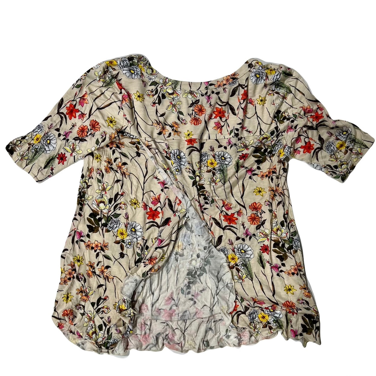Women's Vibrant Floral Blouse with Cross-Over Back & Ruffled Hem by Sydney Gregory - Size Small Only