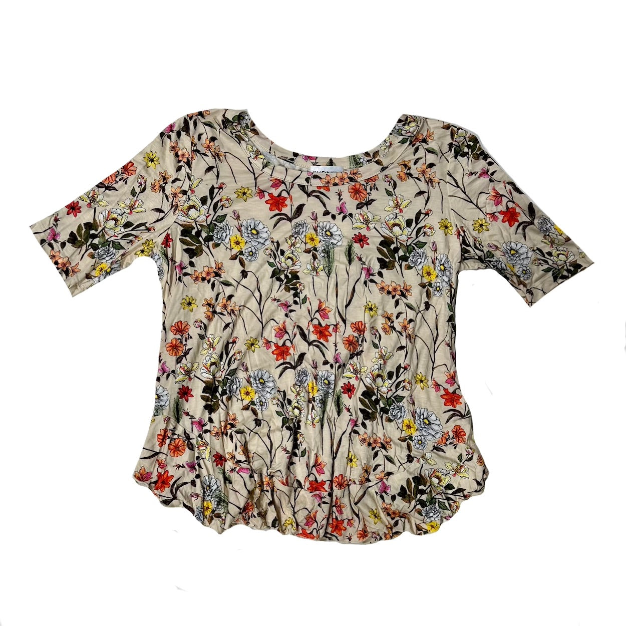 Women's Vibrant Floral Blouse with Cross-Over Back & Ruffled Hem by Sydney Gregory - Size Small Only