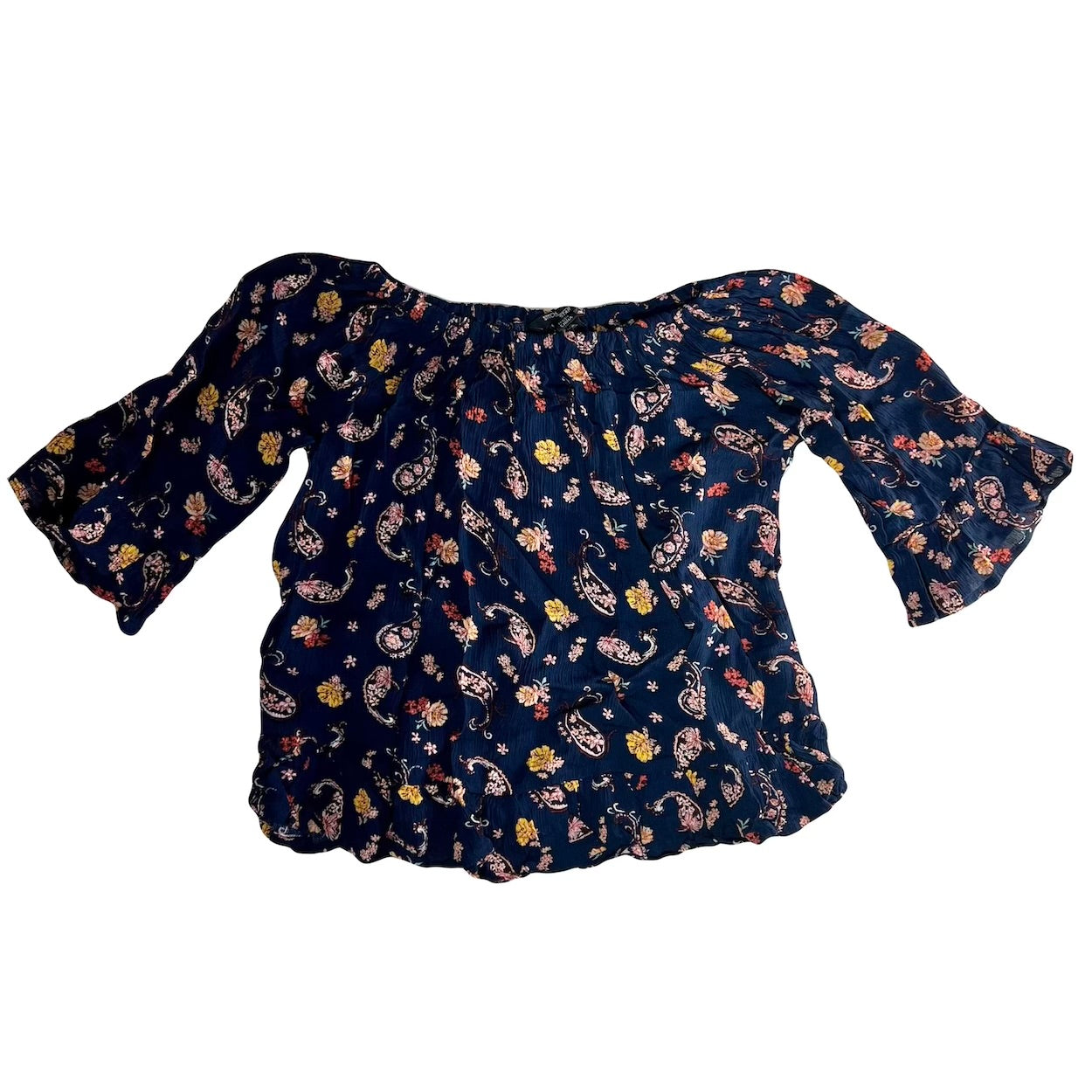Women's Dark Blue Floral Blouse with Ruffled Hem by Stitch Star - Size Small Only